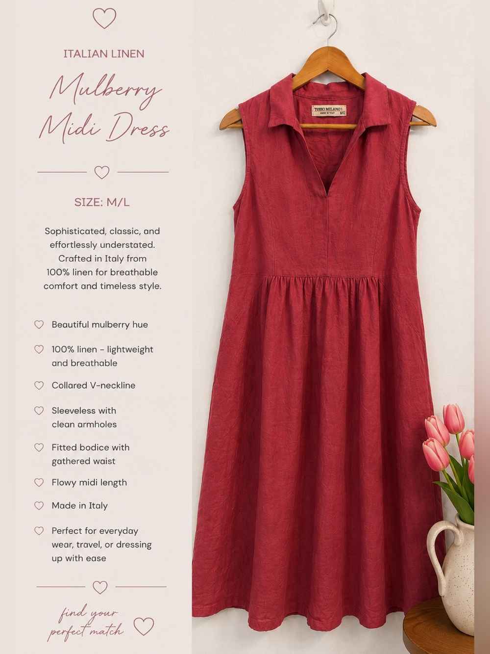 Terro Milano Mulberry Linen Midi Dress - Sleeveless V-Neck
